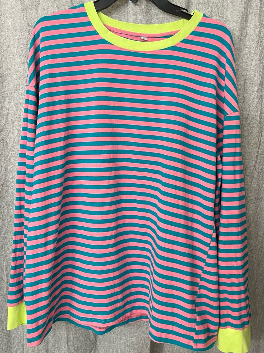 Pink and Teal Striped Long Sleeve Tee with Neon Trim